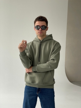 Стильное мужское худи на флисе с капюшоне в цвете хаки Т-999
