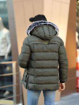 Брендова чоловіча зимова куртка Stone Island хакі з хутром на капюшоні К-1179