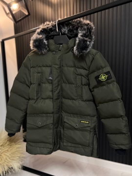 Брендова чоловіча зимова куртка Stone Island хакі з хутром на капюшоні К-1179