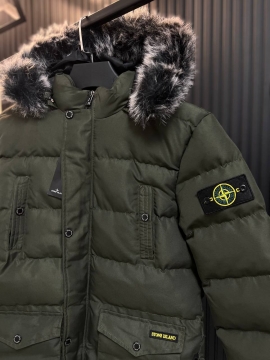 Брендова чоловіча зимова куртка Stone Island хакі з хутром на капюшоні К-1179