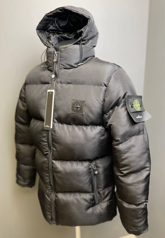 Черная мужская зимняя куртка Stone Island с капюшоном К-1189
