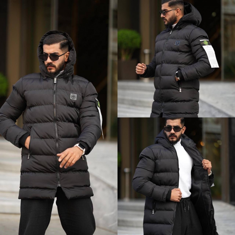 Чорна зимова стьобана куртка Stone island з капюшоном К-1217