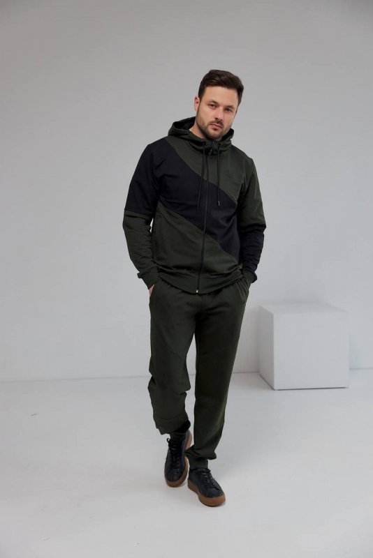Мужской спортивный костюм хаки с кофтой на молнии и капюшоном К-822