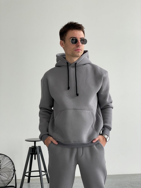 Серый мужской теплый спортивный костюм с худи и капюшоном К-897