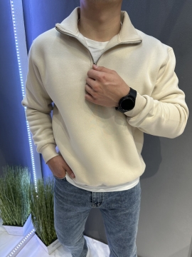 Бежевый теплый мужской свитшот с молнии на шее Т-1194