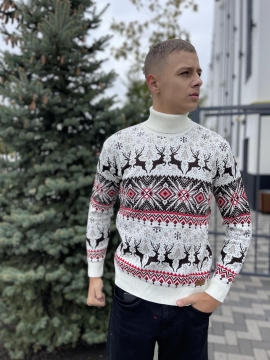 Белый мужской свитер с оленями под горло Т-1202