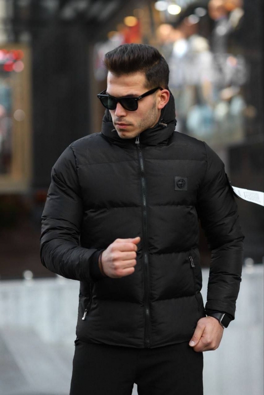 Черная мужская куртка Stone Island на осень зиму (белый логотип) К-885-1