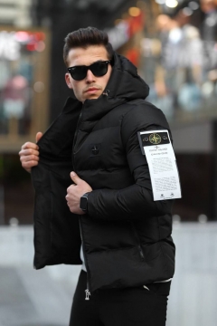 Черная мужская куртка Stone Island на осень зиму (белый логотип) К-885-1