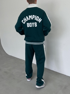 Теплый мужской оверсайз костюм Champion Boys на флисе в зеленом цвете К-953