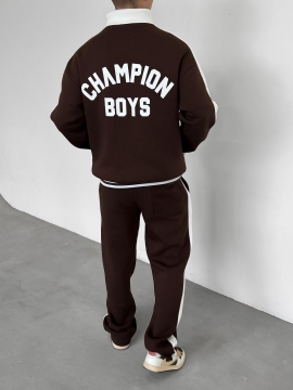 Модный теплый коричневый оверсайз костюм Champion Boys на флисе на молнии К-954