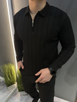 Чорний стильний чоловічий джемпер у смужку на блискавці під шию Т-1341