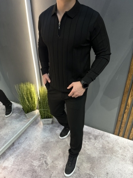 Чорний стильний чоловічий джемпер у смужку на блискавці під шию Т-1341