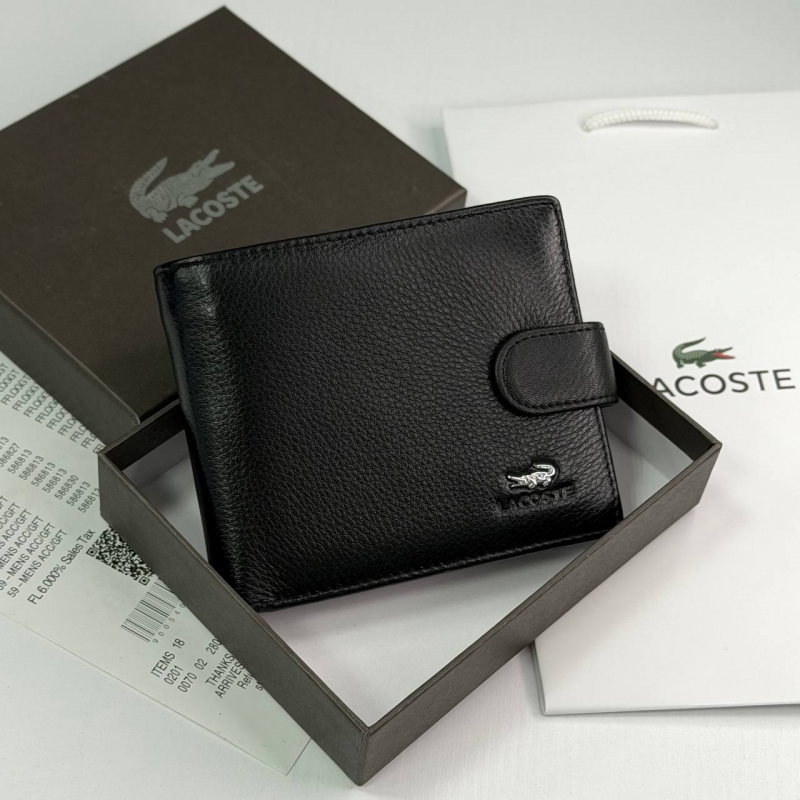 Шкіряний чоловічий чорний гаманець Lacoste на кнопці К-141