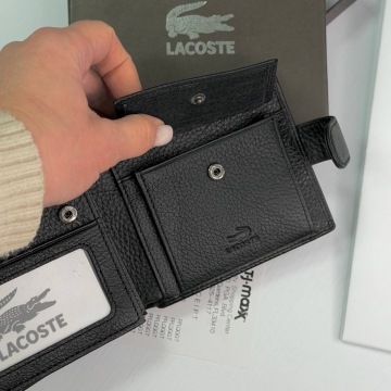 Шкіряний чоловічий чорний гаманець Lacoste на кнопці К-141