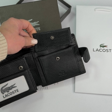 Шкіряний чоловічий чорний гаманець Lacoste на кнопці К-141
