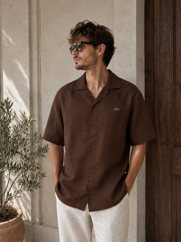 Брендовая мужская льняная коричневая рубашка Lacoste Р-1570