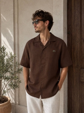 Брендовая мужская льняная коричневая рубашка Lacoste Р-1570