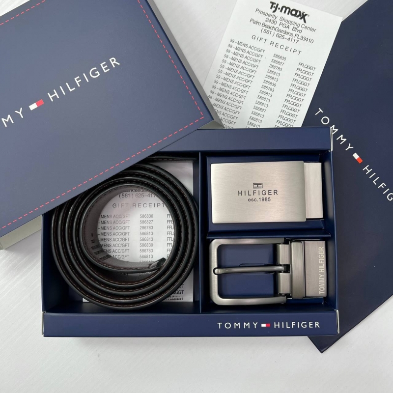 Брендовый мужской кожаный ремень Tommy с 2 пряжками Р-304