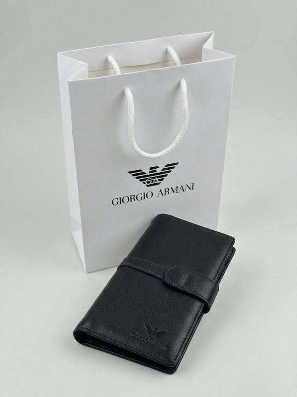Черный брендовый кожаный длинный кошелек Armani на кнопке К-165