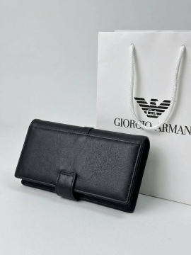 Черный брендовый кожаный длинный кошелек Armani на кнопке К-165