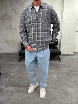 Модная фланелевая оверсайз рубашка в клетку в оттенке Platinum Blue Р-1622