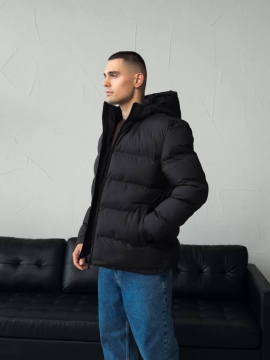 Черная мужская стильная теплая зимняя стеганая куртка со сьемным капюшоном К-1654