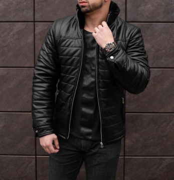 Зимняя мужская кожаная куртка с черным мехом Z-253
