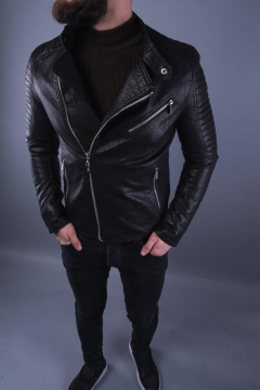 Мужская модная кожаная куртка с косой молнией К-307