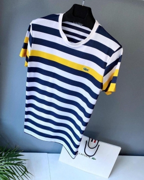 Мужская белая футболка Lacoste в синюю и желтую полоску Ф-648