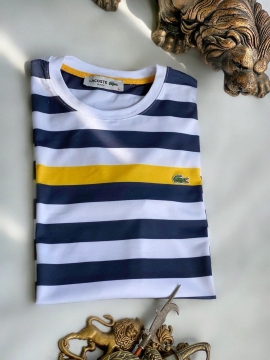 Мужская белая футболка Lacoste в синюю и желтую полоску Ф-648