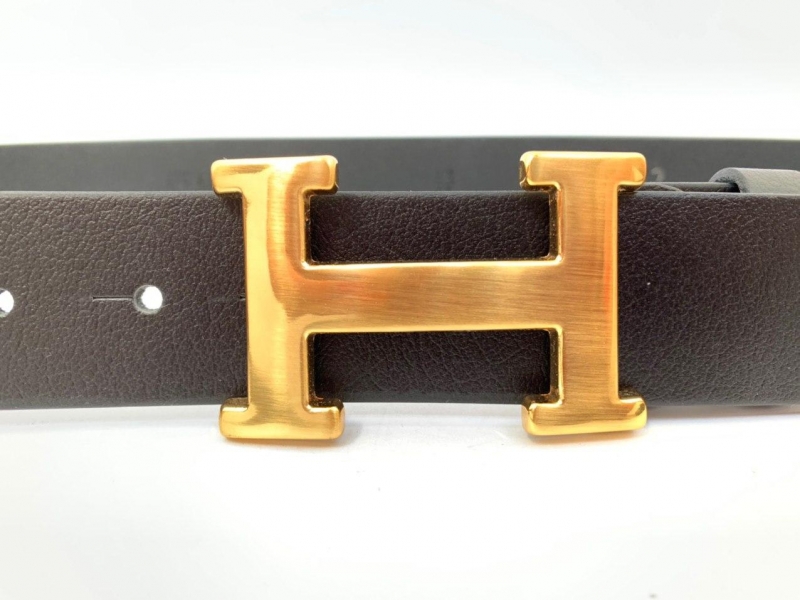 Брендовый кожаный ремень с золотой пряжкой Hermes Р-188