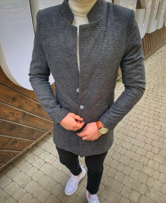 Модное темно-серое мужское пальто К-379