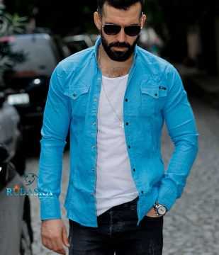 Джинсовая мужская рубашка ярко-голубого цвета Р-845