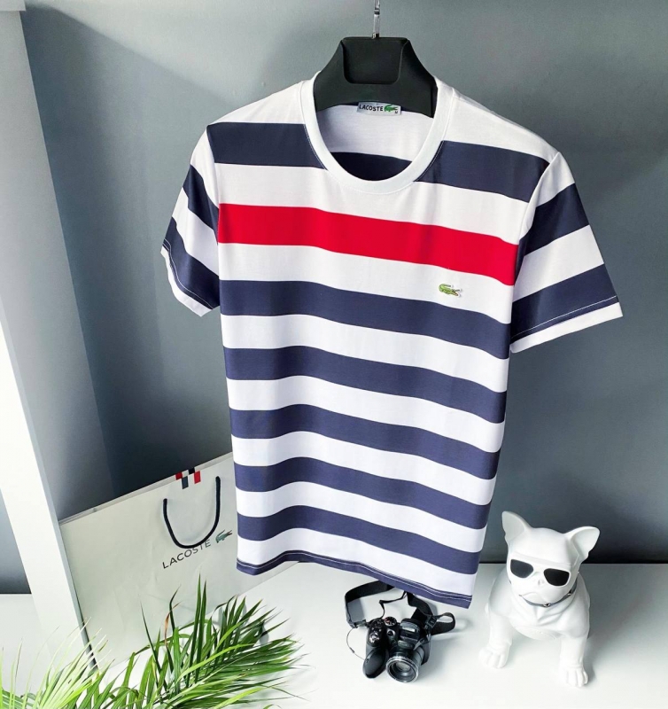 Белая футболка Lacoste с синей и красной полосой Ф-715