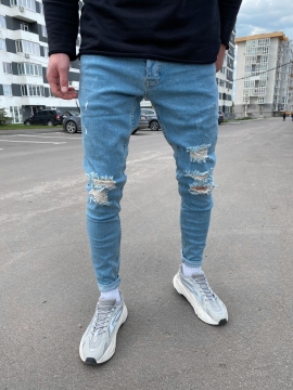 Мужские рваные голубые джинсы с дырками D-475