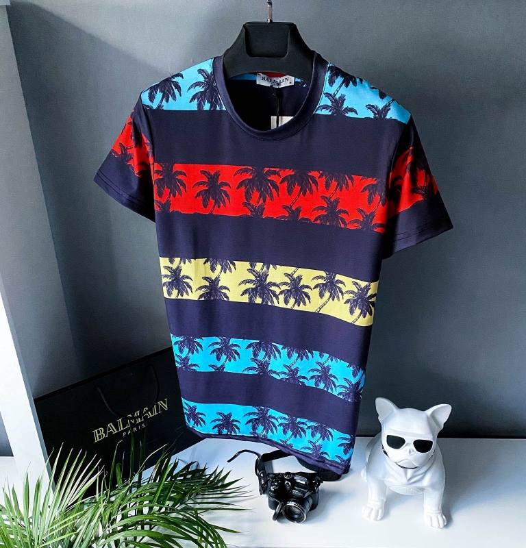 Мужская летняя темно синяя футболка Balmain с пальмами Ф-877