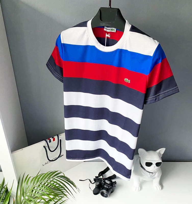 Чоловіча біла футболка Lacoste в смужку Ф-880