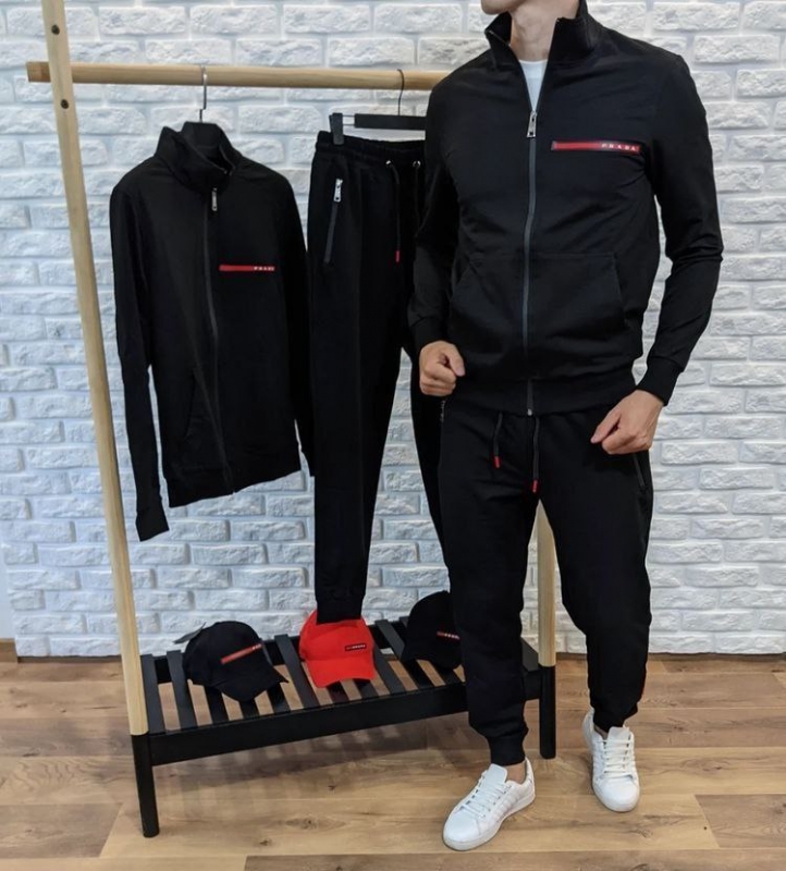 Мужской брендовый черный спортивный костюм Prada К-399