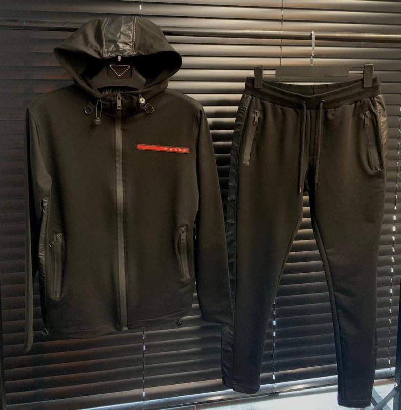 Мужской черный брендовый спортивный костюм Prada с капюшоном К-407