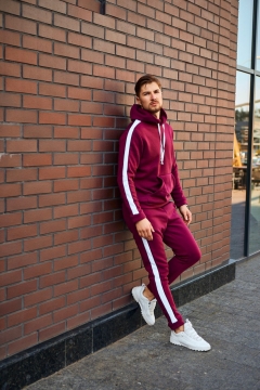 Бордовый зимний спортивный костюм с белыми лампасами К-428