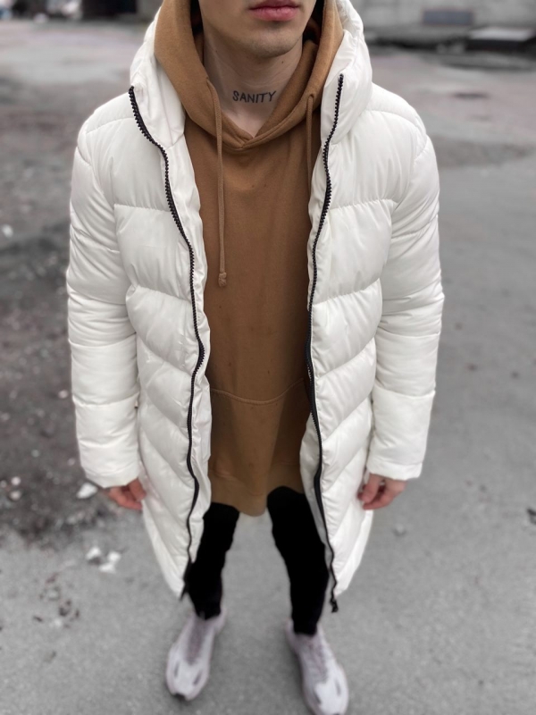 Белый мужской зимний длинный пуховик К-609