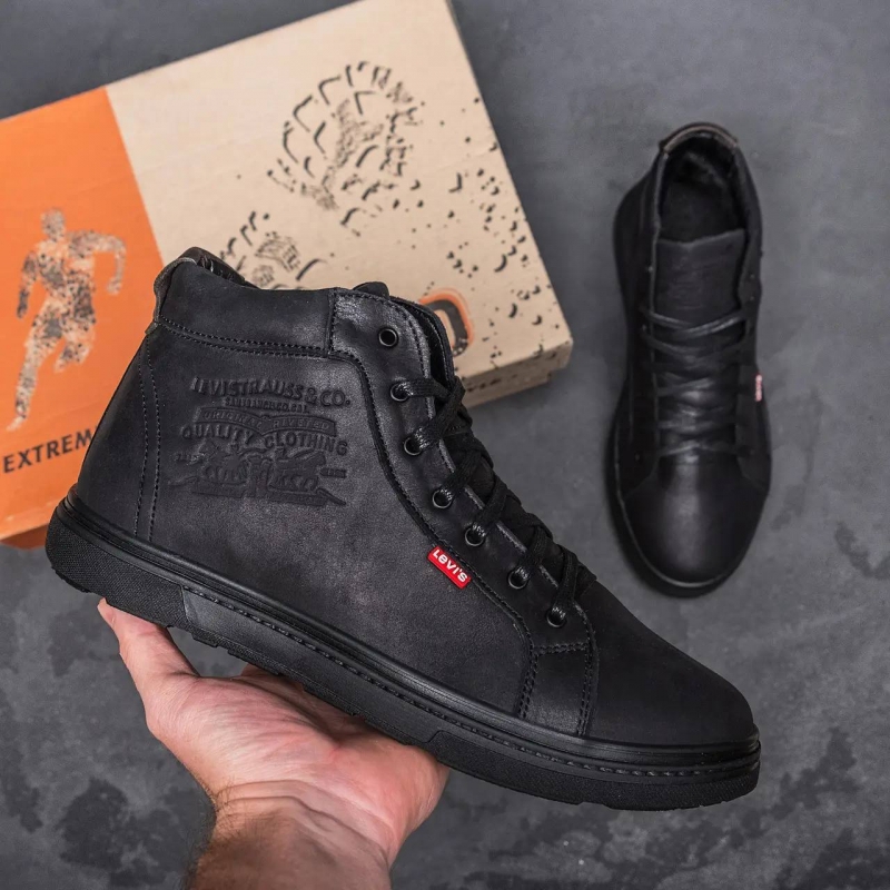 Кожаные черные мужские ботинки Levis на меху Т-668