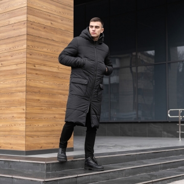 Чорна зимова довга куртка до коліна К-770