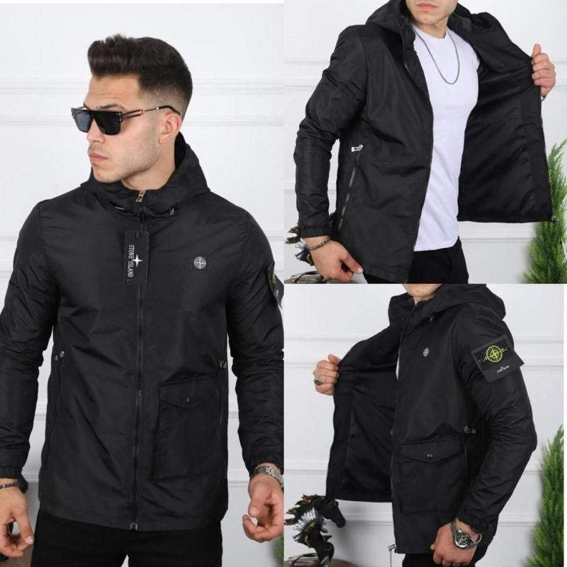 Брендовая черная ветровка Stone Island с капюшоном К-795
