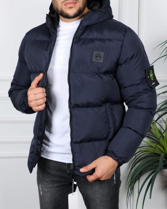 Темно синяя зимняя куртка Stone Island с капюшоном К-829