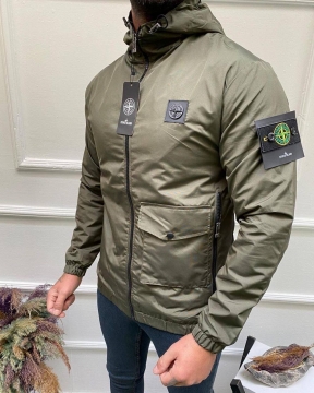 Брендовая мужская ветровка хаки Stone island с капюшоном К-931