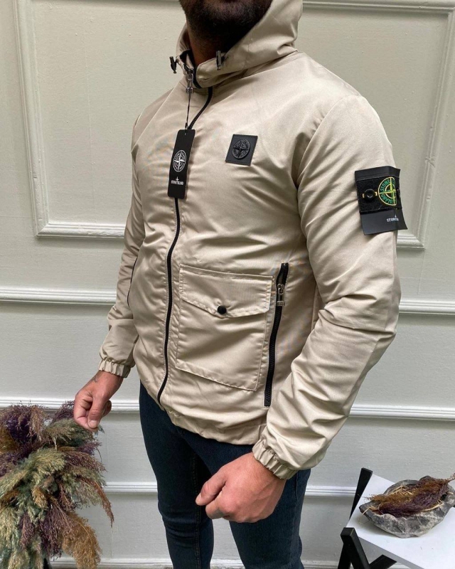 Бежева чоловіча ветровка брендова Stone island з капюшоном К-932