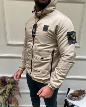 Бежева чоловіча ветровка брендова Stone island з капюшоном К-932