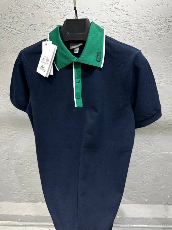 Темно синее поло Lacoste с зеленым воротником Ф-1279