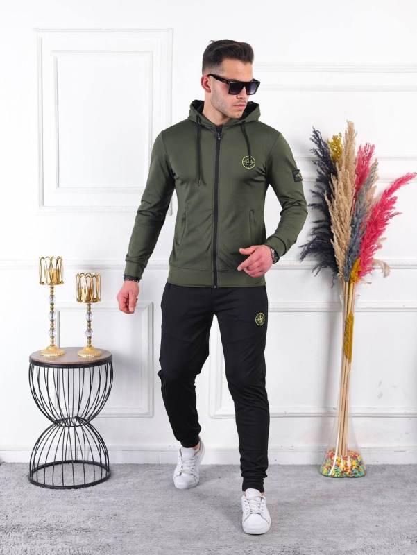 Мужской костюм Stone Island черный/хаки К-701